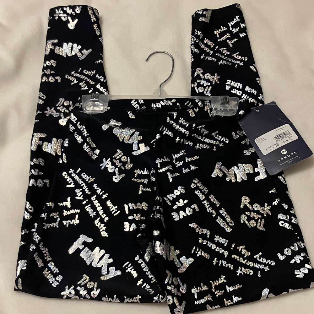 NWT Mondor Black and Silver Graphic Dance Leggings Sz Small-petite